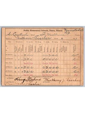 Antique 1922-24 Dixon Illinois School Report Cards Lot William Fischer Envelope